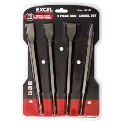 Image of Excel Professional SDS Plus Hammer Drill Chisel Set 4 Piece for Concrete, Masonry, Chiseling, Breaking and Stone, Flat Stone Chisel, Point