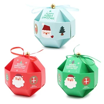 Image of 15 PCS Christmas Treat Candy Sweets Boxes,Small Present Boxes With Ribbon and Bell,Xmas Paper Lantern ball Gifts For Party Favor Kids