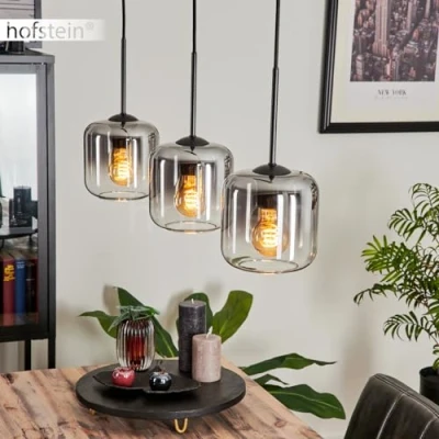 Image of Hanging lamp Lauden, of Metal/Glass in Black/Smoke/Clear, lampshades Glass (Ø 15 cm), Height max. 150 cm, 3 x E27, Without Bulbs