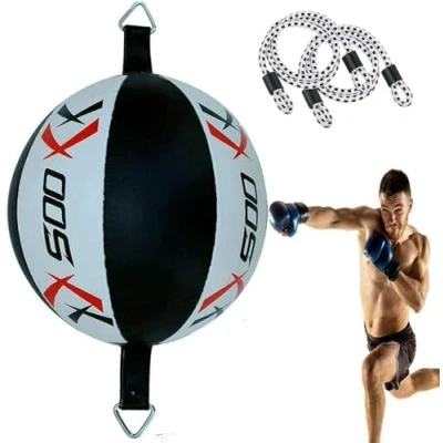Image of Leather Double End Dodge Speedball Bag MMA Boxing Training Floor to Ceiling Punch Punching Speed Ball (Black/Wht)