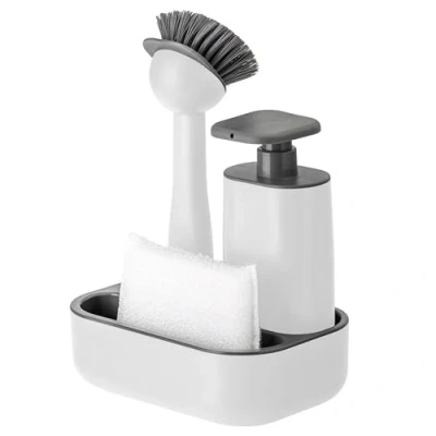 Image of VIGAR Sink Set with Brush, Dispenser for soap, Material: Sponge: outer fabric 80% PET 20% polyester, interior 100% polyurethane Rest: ABS, nylon, White, dimensiones: 19 x 13 26.5 cm