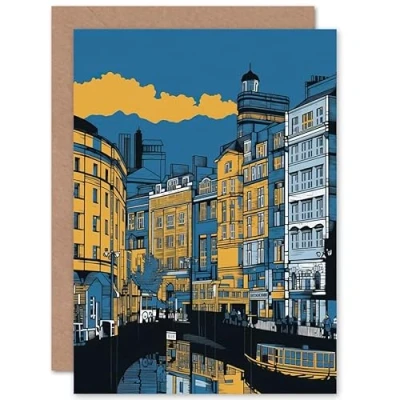 Image of Artery8 Leeds Dock Cityscape Colour Block Illustration Travel Birthday Sealed Greeting Card Plus Envelope Blank inside