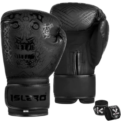 Image of Islero Fitness Matte Black Boxing Gloves Men Punch Bag Women MMA Muay Thai Martial Arts Kick Sparring Training Fighting With Hand Wraps (Black, 16 OZ)