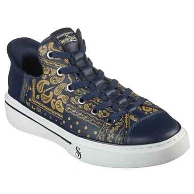 Image of Skechers Unisex Hands Free Slip ins x Dogg Snoop ONE Double G Sneaker, Navy/Gold Bandana Print Leather, 5.5 UK