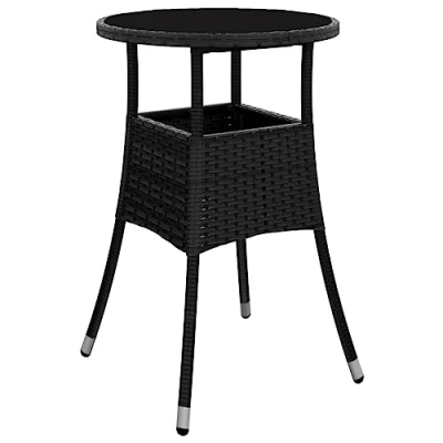 Image of vidaXL Garden Table in Black with Tempered Glass and Poly Rattan Round Outdoor Patio Furniture Powder Coated Steel Frame, Ø60x75 cm