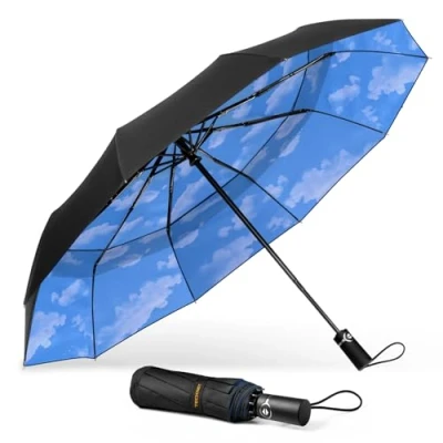 Image of TECKNET Windproof Umbrella, Strong Compact Travel Automatic Umbrellas, Large Wind Resistant Umbrella with 10 Ribs, Folding Lightweight Golf for Rain Men, Sky