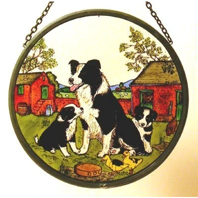 Image of Decorative Hand Painted Stained Glass Window Sun Catcher/Roundel in a Collie and Pups Design.