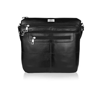 Image of Quenchy London Ladies Cross Body Handbag, Single One Strapped Designer Leather Shoulder Hand Bag with 7 Pockets in Real Grained Soft Cow Hide, Plain Black H25cm xW26cm xD8cm QL922KCH