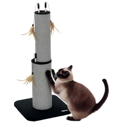 Image of PawHut 2 in 1 Cat Scratching Post, 78cm Tall Scratch Post with 3 Toy Feathers, Scratcher for Indoor Cats and Kittens, Black