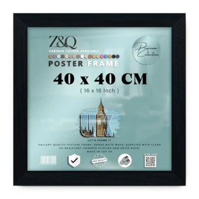 Image of Z&amp;Q Wall Mounted Poster Picture Frame Black 40 x cm Display Painting Photo Print With HD Clear Perspex Both Ways Hanging Hooks MDF Wood 30x15mm Moulding