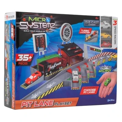 Image of JOHN ADAMS MICRO SYSTEMZ pit LANE PLAYSET: Over 35 action packed pieces including race track, turbo launcher, 3 lanes and a racing team truck! Toy Vehicles &amp; Playsets Die Cast Cars Ages 4+