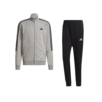 Image of Adidas GK9975 M 3S FT TT TS Tracksuit mens top:medium grey heather/black bottom:black/white, Size 42/44