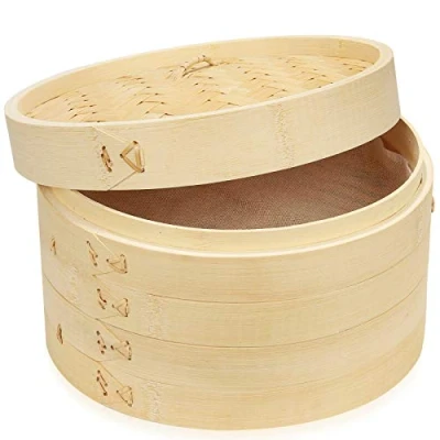 Image of 10 Inch Handmade Bamboo Steamer, 2 Tiers &amp; Lid, Premium Steam Basket, Healthy Cooking for Vegetables, Dim Sum Dumplings, Buns, Chicken Fish Meat