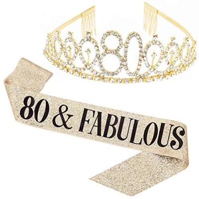 Image of Leixi 80 and Fabulous Sash &amp; Rhinestone Tiara Set 80th Birthday Gifts Party Favors (Gold)
