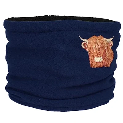 Image of TeddyT&#039;s Embroidered Highland Cow Navy Fleece Snood Scarf