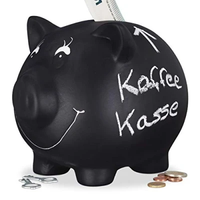 Image of Relaxdays Chalkboard Piggy Bank, Ceramic, Wedding, Birthday, Savings Animal, 14 x 17 13 cm