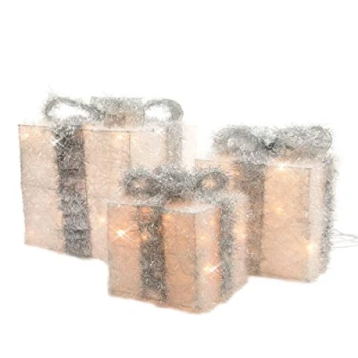 Image of Set of 3 Kaemingk Battery Operated White Giftbox With Silver Bow &amp; Timer