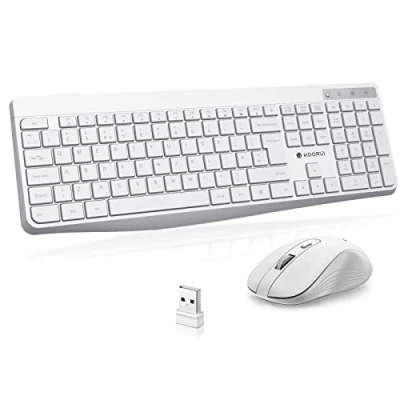 Image of KOORUI Wireless Keyboard and Mouse Combo, 12 Multimedia Shortcut Keys UK Layout Full Size Set for Windows, MacOS, Linux Cold White (Batteries Not Included)