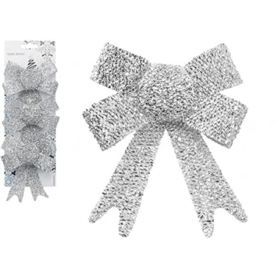 Image of Sparkling Silver Tinsel Decorative Bow 10 cm x 13 3cm (Pack of 3) Premium Quality Perfect for Holidays