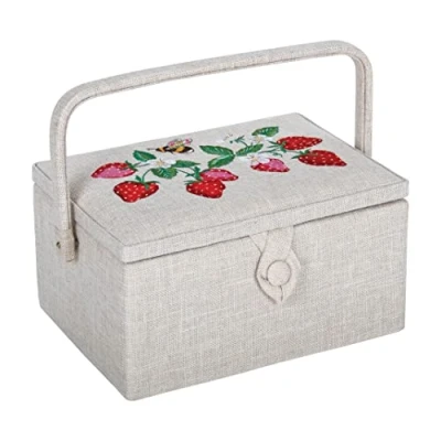 Image of Hobby Gift Medium Sewing Craft Storage Box, Embroidered Natural Strawberries