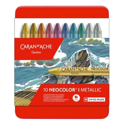Image of Caran Dache Metal tin with 10 wax pastels assorted metallic colours