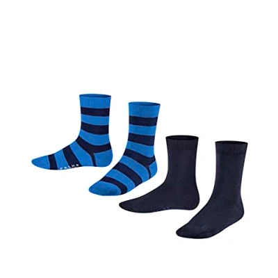 Image of FALKE Unisex Kids Happy Stripe Multipack K So Cotton Patterned 2 Pairs Socks, Black 3000, 6 8.5