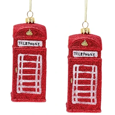 Image of Toyland® Pack fo 2 12cm Glittery Traditional British Phone Box Shaped Christmas Bauble Tree Decorations