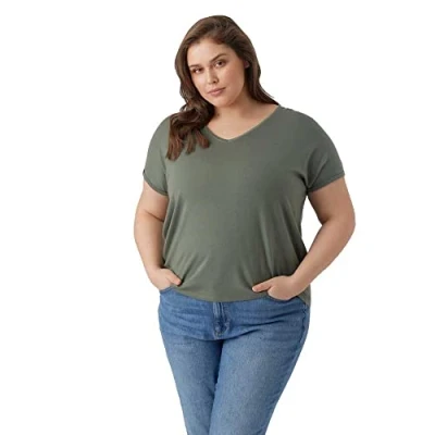 Image of VERO MODA Curve Women&#039;s Vmaya SS V Neck tee VMA Noos T Shirt, Laurel Wreath, M Big