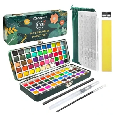 Image of Artecho Watercolour Paint Set 100 Colors in Portable Box Including, Travel Watercolor with Papers, Brushes and other Tools, Idea for Artists Hobbyists