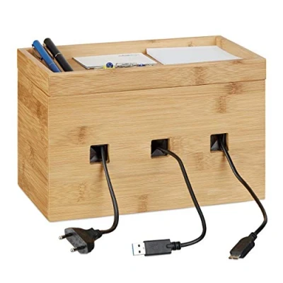 Image of Relaxdays Bamboo Cable Box, Multipurpose Wooden Docking Station, Desk Organizer Charging Post, H x W D: 16.5 25.5 14 cm, Natural