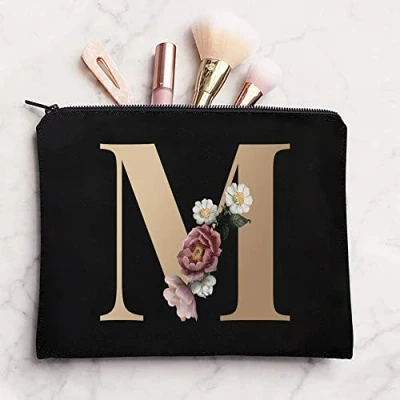 Image of 26 Letter Printed Zip Canvas Pouch Makeup Bag Make Up Bag, Cosmetic Travel Bag,Toiletry Bag,Organizer Bags,Toiletry Bags, Bride Bridesmaid Bag,Pencil Bag,Wash Bag,Coin Purse (Gold M)