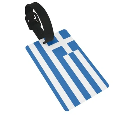 Image of Greek Flag Print Leather Luggage Tags Suitcase Labels Baggage Bag Tag Id Full Back Privacy Cover