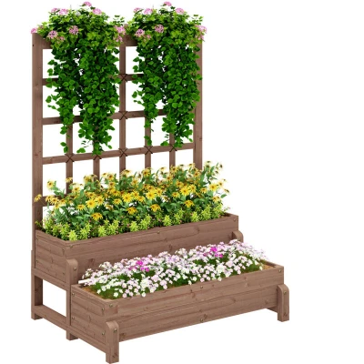 Image of Outsunny 2 Tier Raised Garden Bed with Trellis, Wooden Elevated Planter Box Drainage Holes, Outdoor for Climbing Plants, Fruits, Vegetables, Flowers, Brown