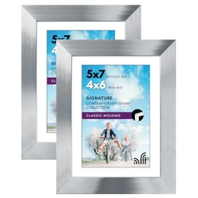 Image of Americanflat 7x5 Photo Frames in Silver Set of 2 Use as 6x4 with Mount or Frame Without Mat Horizontal and Vertical Formats for Wall Tabletop