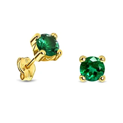 Image of Miore 4 Prong Gold Earrings for Women Solitaire Round Studs with Green Emerald Gems 0.85ct Made In Yellow 9ct 375, Ear Piercing Stud 5.5 x mm Jewellery Box