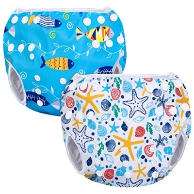 Image of Luxja Swimming Nappy Reusable (Pack of 2), Adjustable Swim Nappies for Baby (0 3 Years), Washable, Shell + Blue Fish