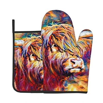 Image of Heat Resistant Oven Mitts And Pot Holders Sets Of 2 Highland Cow Printed Kitchen Non Slip Waterproof Gloves For Baking Cooking Bbq