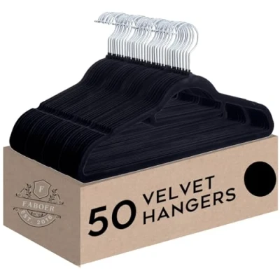 Image of Faboer Velvet Coat Hangers Pack of 50 Black with Tie Hanger NonSlip Design Jackets &amp; Trousers Flocked Slimline Space Saving Clothes Organisers