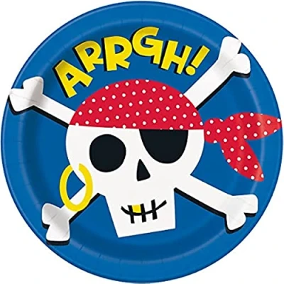 Image of Ahoy Pirate Round Dinner Plates (22cm) Vibrant Blue Party with Unique Design Ideal for Themed Parties &amp; Celebrations 8ct