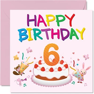 Image of 6th Birthday Card Girl Critter Party Happy 6 Year Old Girl, Girls Cards for Her, 145mm x Greeting Daughter Niece Granddaughter Kid Children