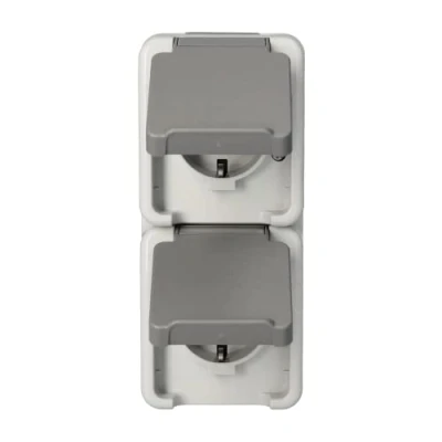 Image of Merten MEG2329 8029 Schuko double socket Aquastar vertical AP WG IP44, 1 piece, light grey