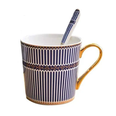 Image of YBK Tech Bone China Porcelain Tea Cup Coffee Mug for Home Kitchen Office Stripe Patterns (Blue)