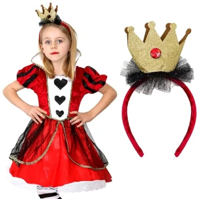 Image of Girls Heart Queen Costume Small Red Dress with Detailing and Gold Crown on Headband Kids World Book Day Week Fancy