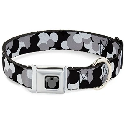 Image of Buckle Down DC WDY349 L Seatbelt Dog Collar, Large, Mickey Mouse Head Stacked Black/Grays