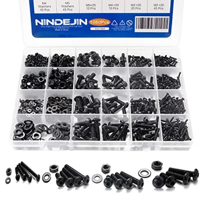 Image of NINDEJIN 1060pcs 12.9 Grade Carbon Steel M2 M3 M4 M5 Metric Hex Socket Head Cap Bolts Screws Nuts Washers Assortment Kit with Wrenches (Round Cap)