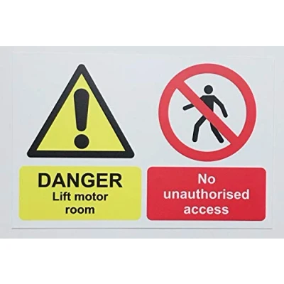 Image of Danger. Lift motor room. No unauthorised access sign Self adhesive sticker 400mm x 300mm