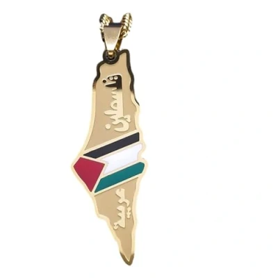 Image of Israel Palestine Map Pendant Necklace Flag Trendy Charm Gray Yellow Color Country Geography Sweater Chain,Jewelry Accessories Gift For Women Men,Yellow,Long:60Cm