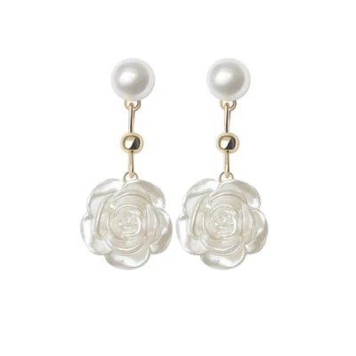 Image of YAXUN 925 Sterling Silver Pearl Stud Earrings For Women wtih Camellia Flower Rose Drop Dangle Fashion Jewellery Gifts