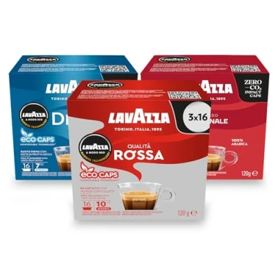 Image of Lavazza, Favourites Trio, A Modo Mio, Coffee Capsules, Compostable, 3 packs of 16 Pods (48 Capsules)