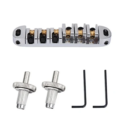 Image of Guitar Roller Bridge with Studs, Allen Wrench Replacement Part for LP Style 6 String Electric (Silver)